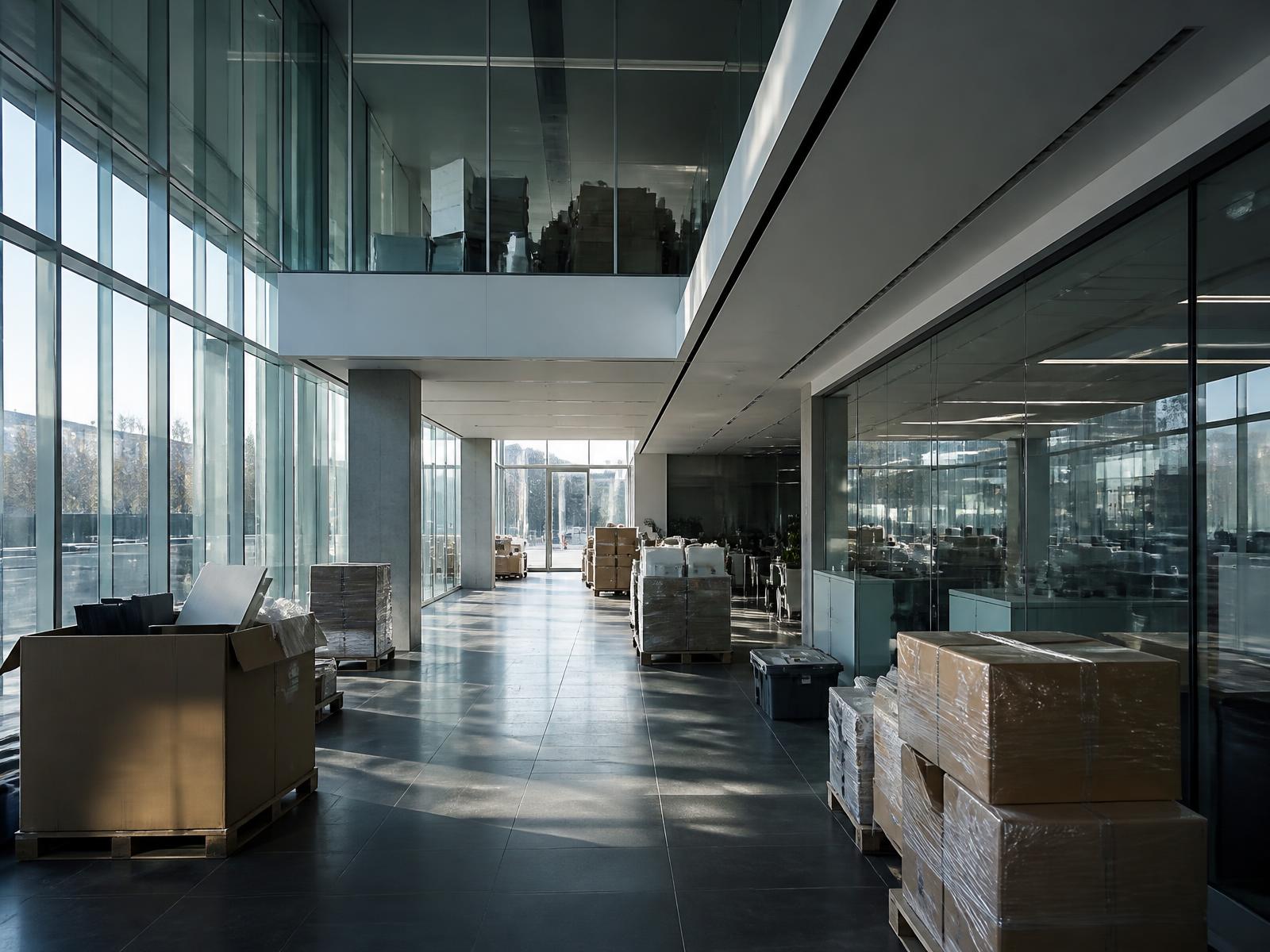 Hall de bureau vitré en cours de relocalisation, caisses et palettes alignées