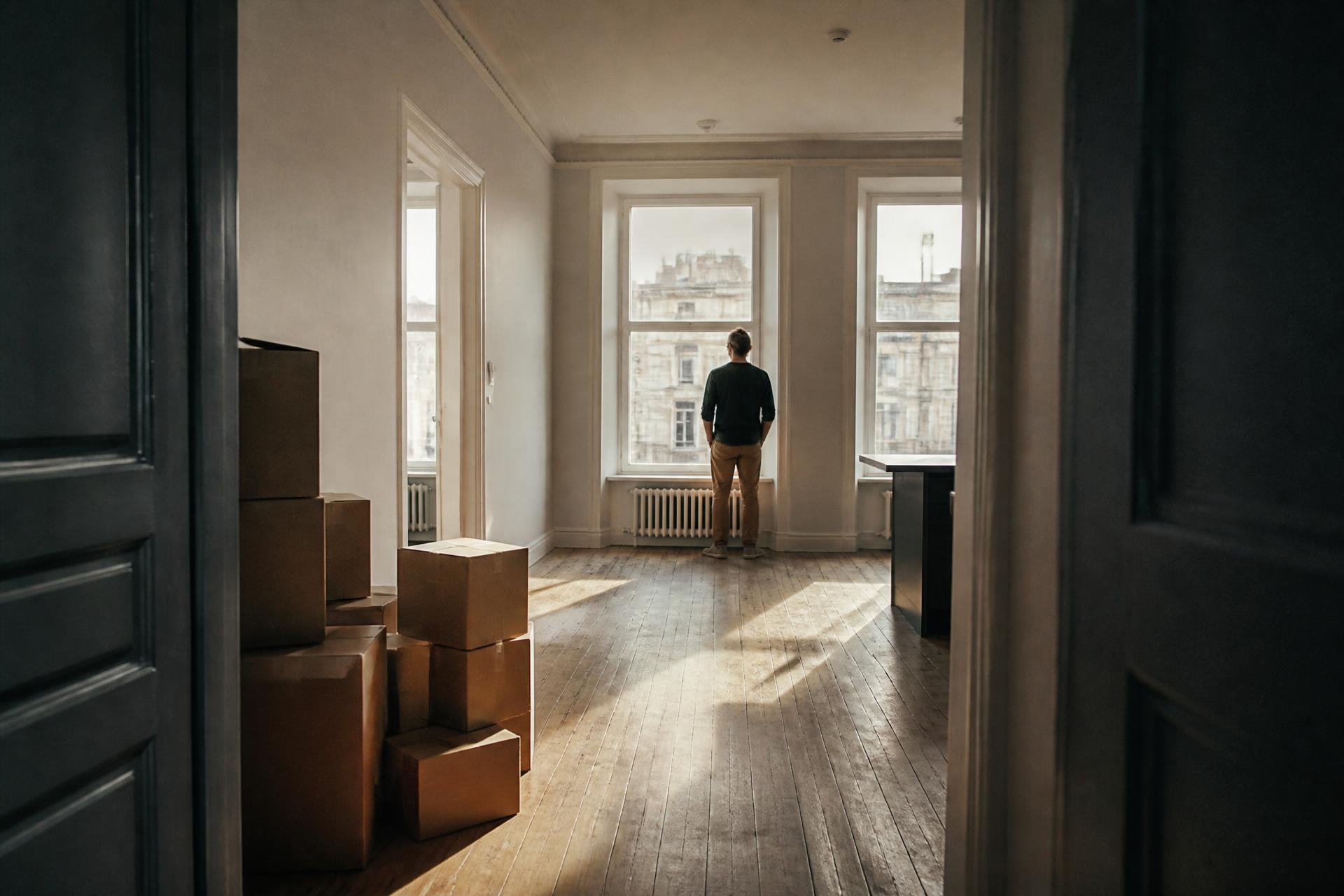 Pièce lumineuse d’un appartement, boîtes déposées près de la porte, une personne devant la fenêtre