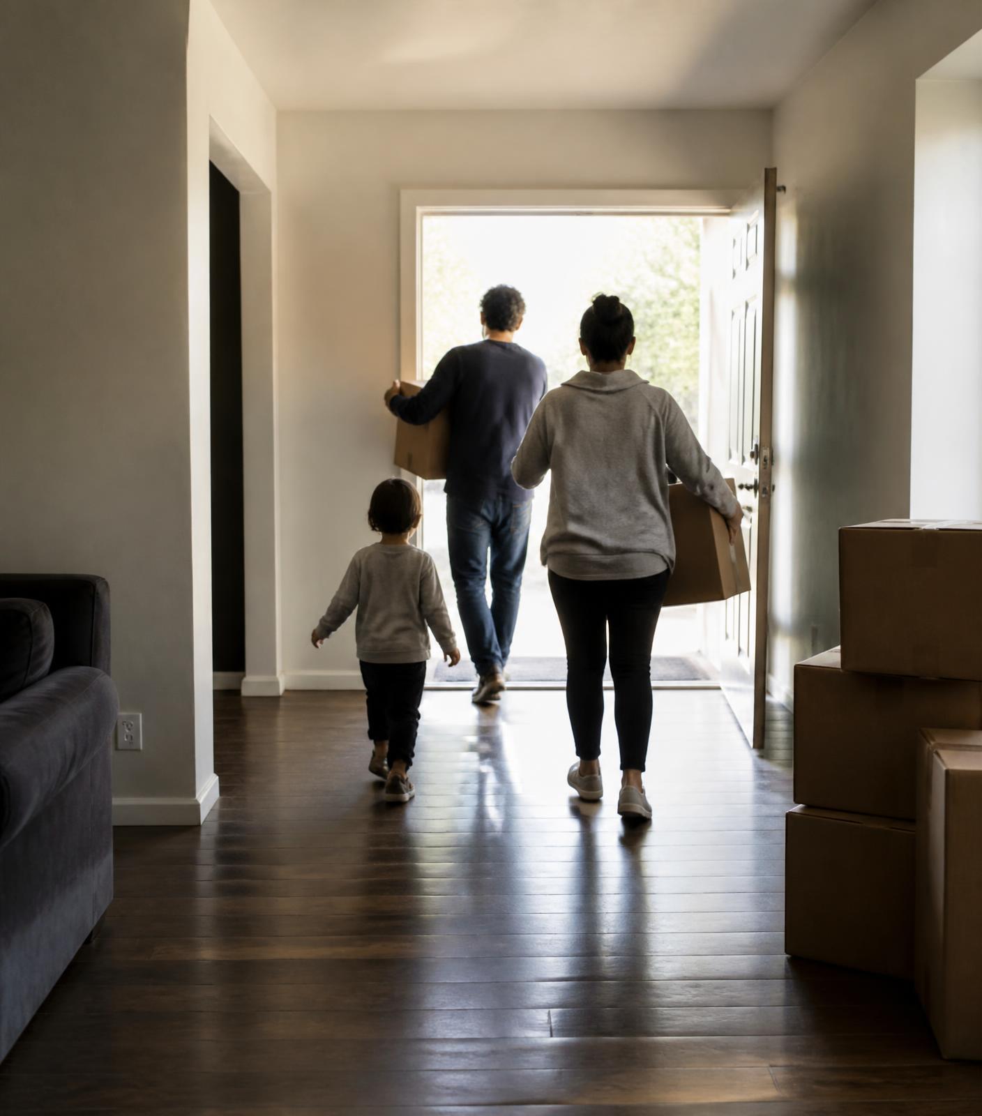 Une famille transporte ses effets par la porte d’entrée d’une nouvelle maison