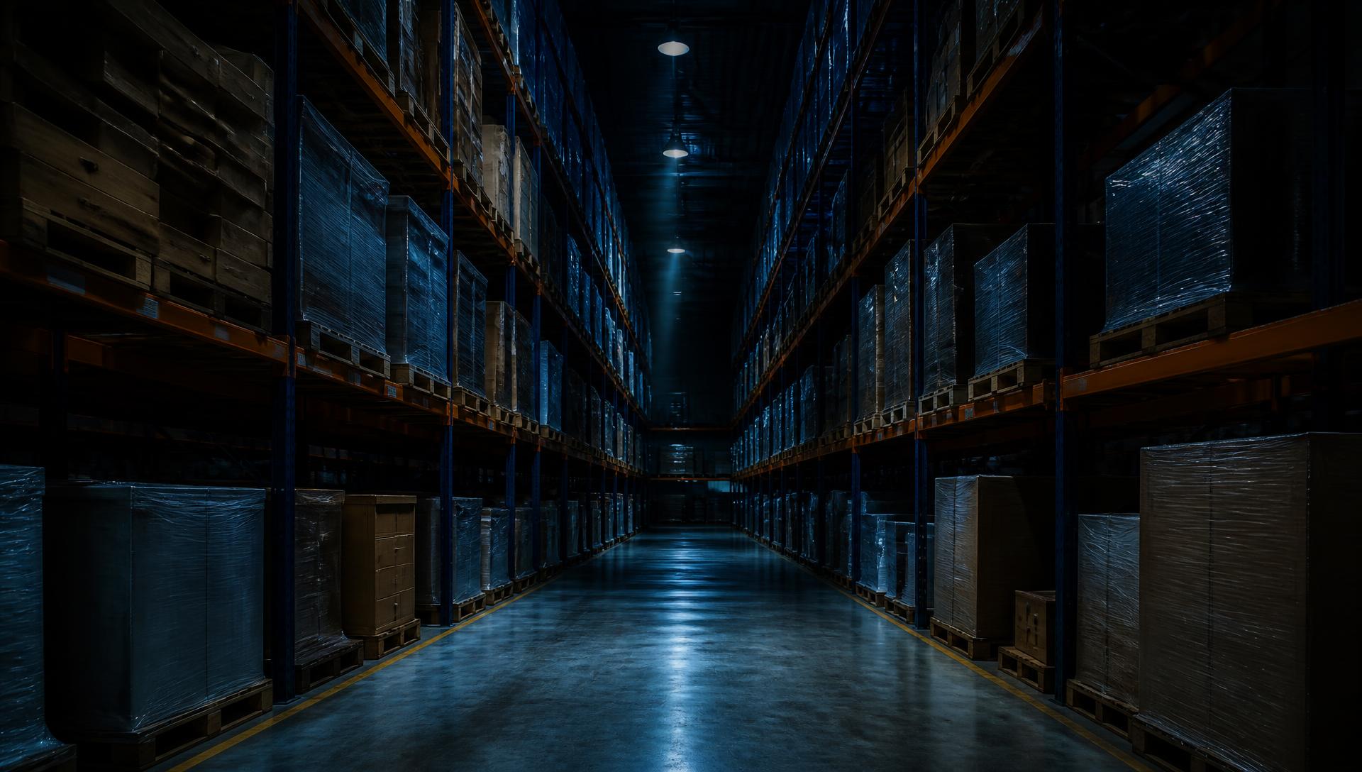 Corridor d’entrepôt éclairé, palettes emballées alignées sur des racks
